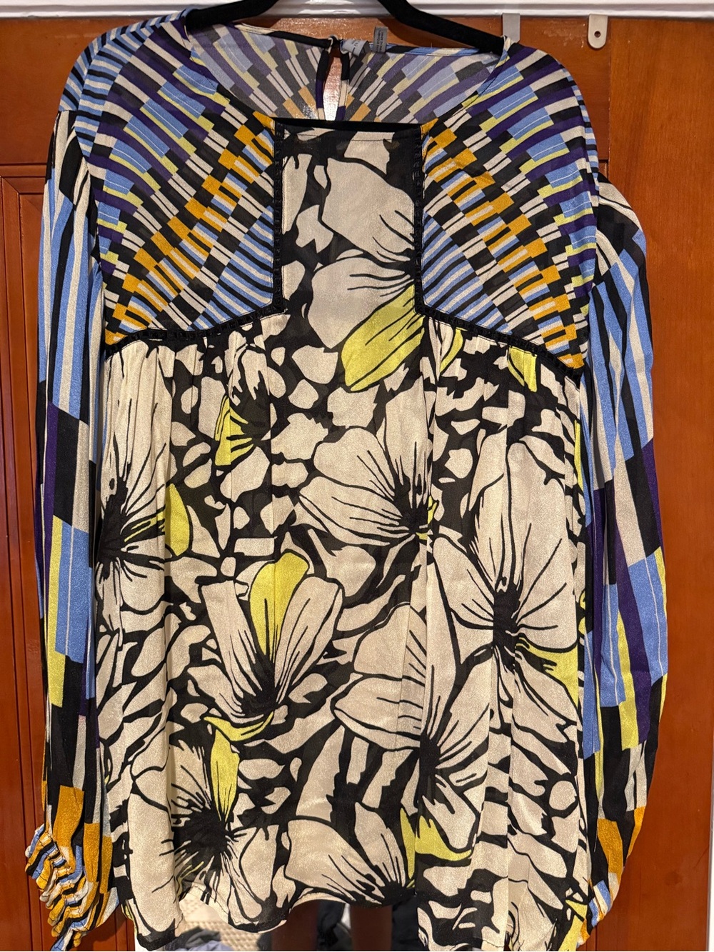 Anthropologie Printed Mixed-Pattern Women's Blouse in Black, White & Yellow